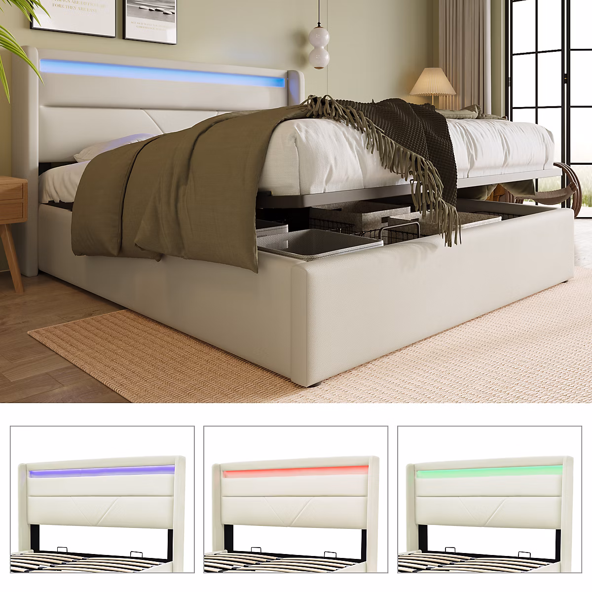 Canapé-lit 140 × 200 cm convertible avec coffre de rangement et tête LED en PU blanc – design moderne