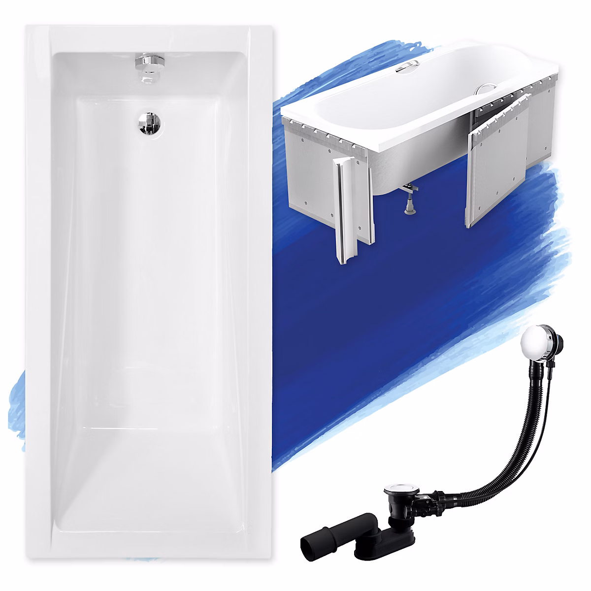 Baignoire rectangulaire 180 x 80 MODERN acrylique blanc + Habillage en polystyrène + Pieds + Vidage à chromé | Baignoire