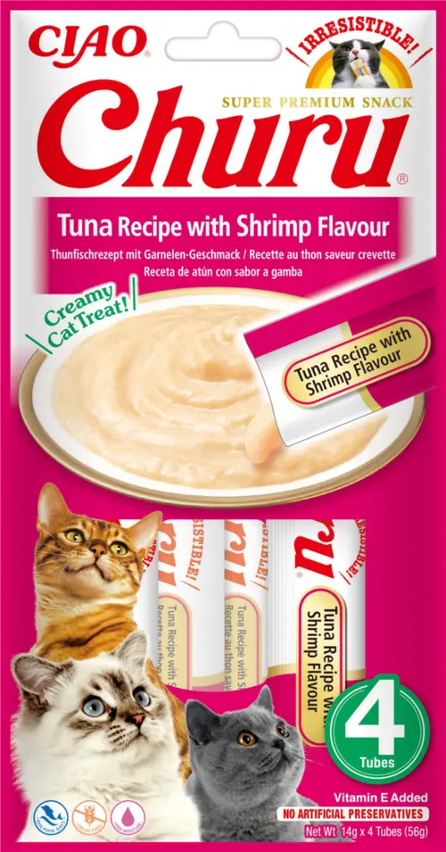 Friandise en crème pour chat thon avec saveur crevette Inaba Ciao Churu - 4 x 14 g