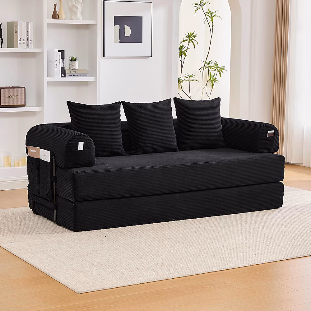 Canapé compressible pliable avec structure métallique – noir,robuste, poches latérales, 3 coussins
