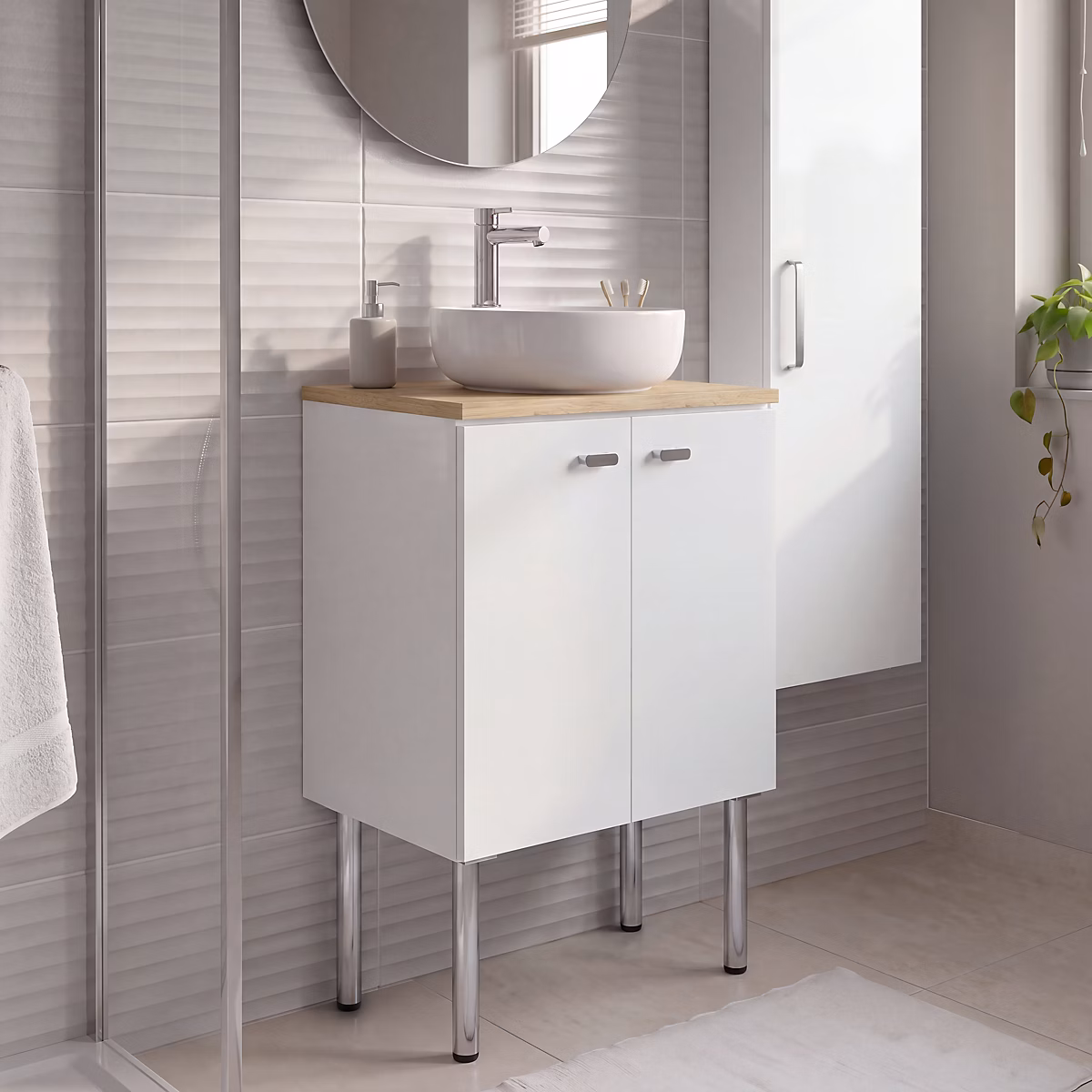 Meuble sous vasque suspendu blanc brillant l.60 cm 2 portes Imandra + plan de toilette en chêne massif Hartland – GoodHome