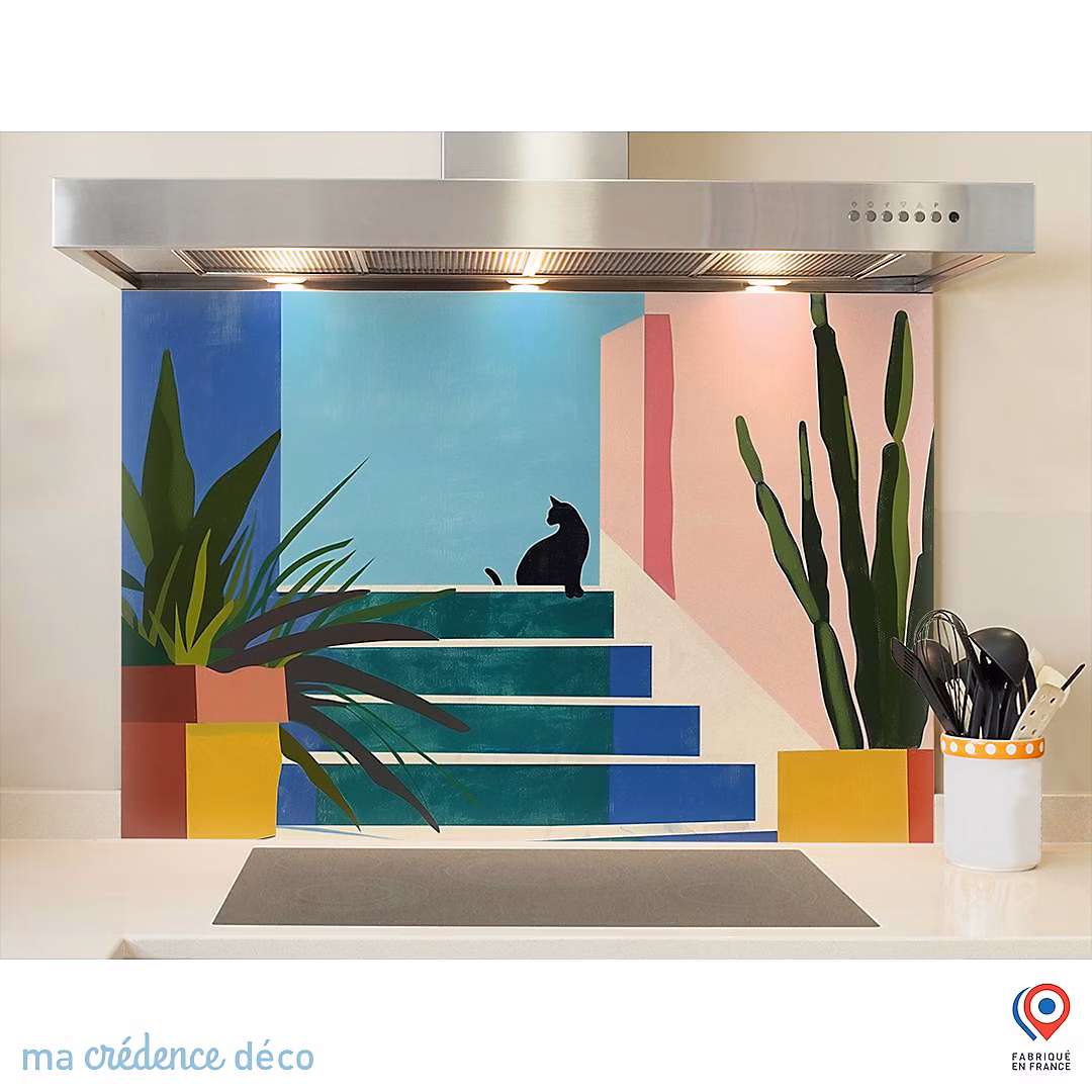 Crédence cuisine fond de hotte Chat – cactus et couleurs 4, Peinture, Verre trempé, L 70 cm x H 60 cm, MaCrédenceDéco