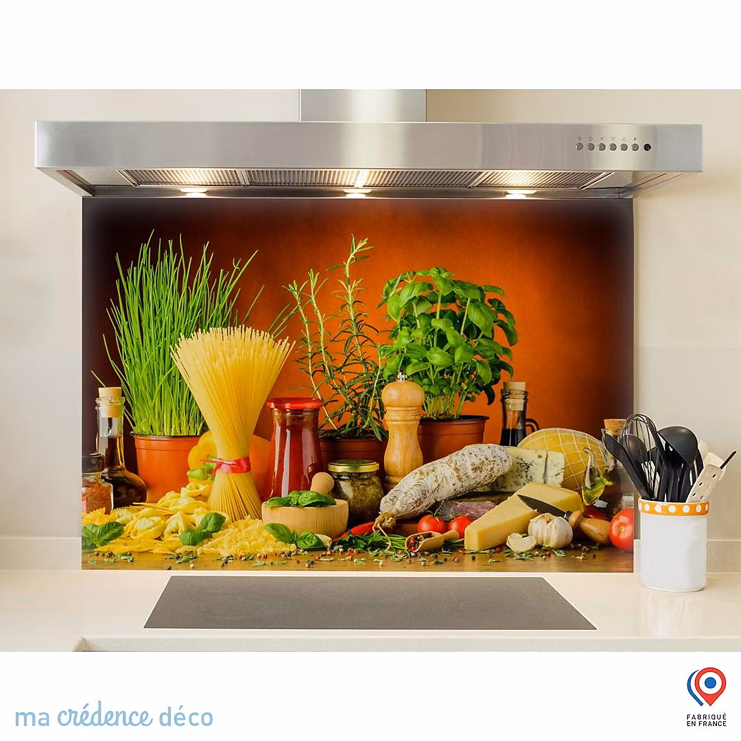 Crédence cuisine fond de hotte Cuisine italienne authentique – Alu composite, L 90 cm x H 50 cm, MaCrédenceDéco