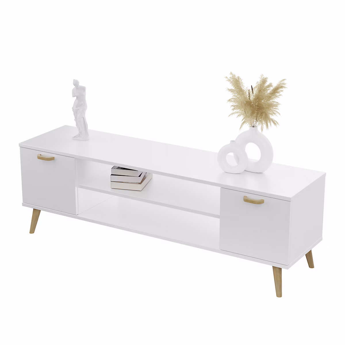 Meuble – Armoire RTV 155 cm blanc scandinave pieds et poignée en bois