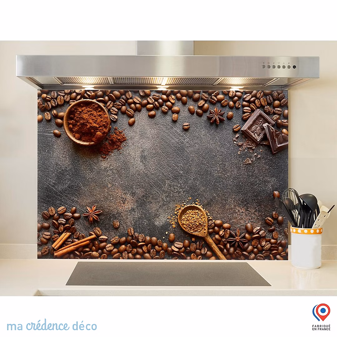 Crédence cuisine fond de hotte Café et chocolat | Verre trempé – L 90 cm x H 70 cm – MaCrédenceDéco