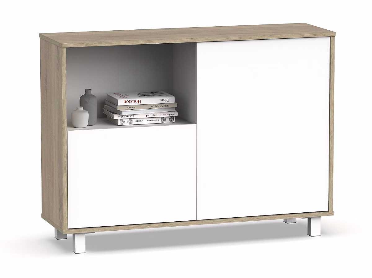 Buffet – commode de salon coloris chêne cambrian, blanc, Longueur 112 x Profondeur 33 x hauteur 83 cm