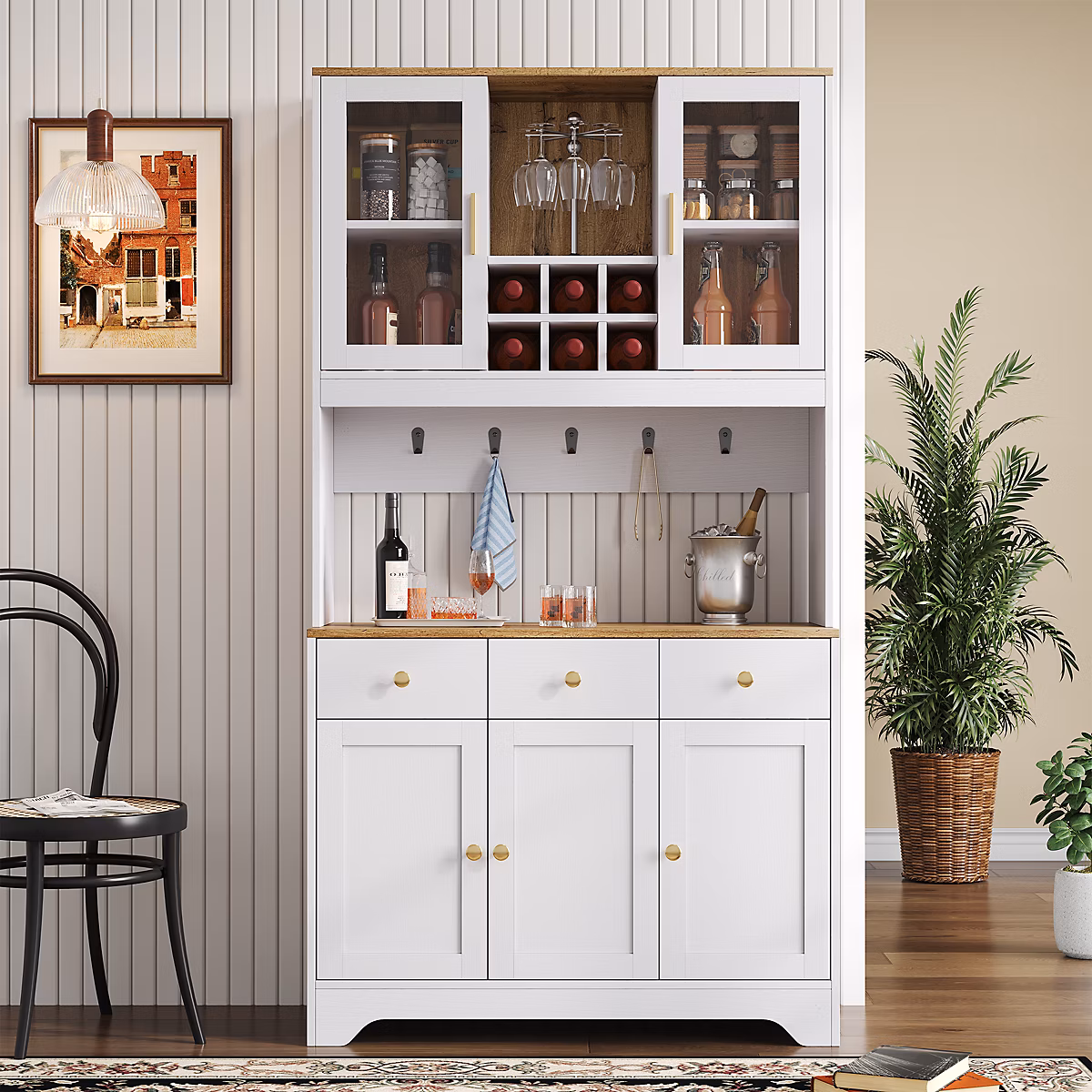 Buffet haut 94 – 5 cm en MDF blanc et effet bois avec portes vitrées