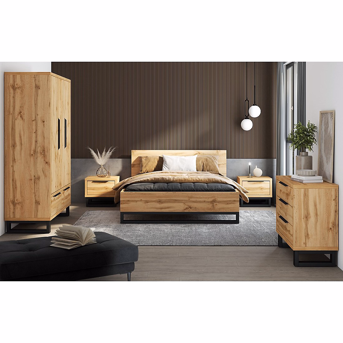 Chambre compléte style industriel collection MILOS : armoire 3 portes – lit 160 × 200, commode, chevets, chene brut et noir