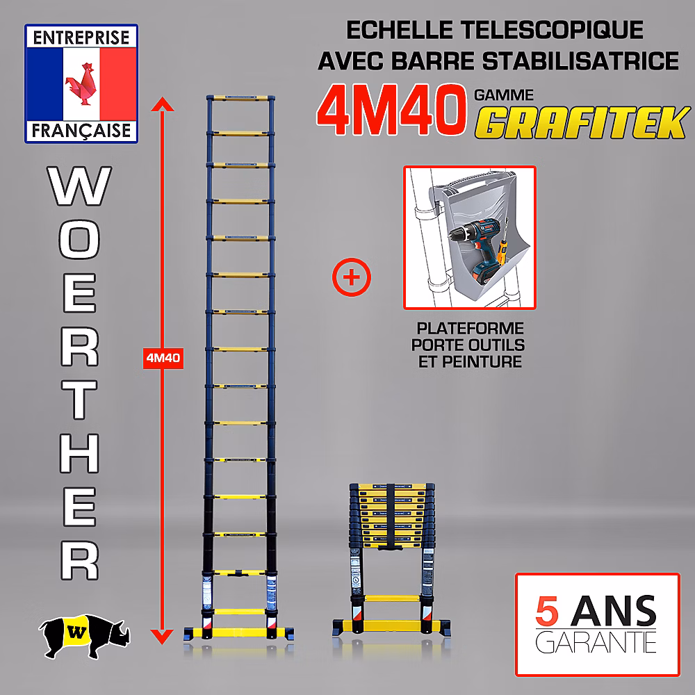 Echelle télescopique Woerther 4m40 avec barre stabilisatrice + Plateforme porte – outils et peinture