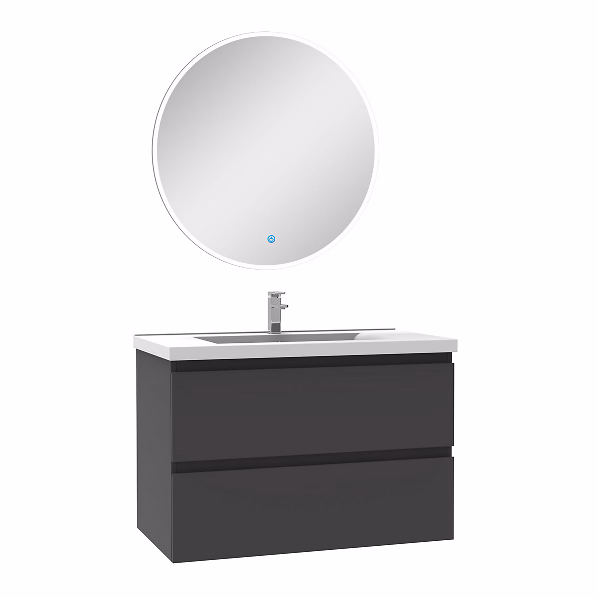 Ensemble meuble Salle de Bain Anthracite 80cm simple vasque + miroir lumineux rond – Réf. UONVQORVH5371619303