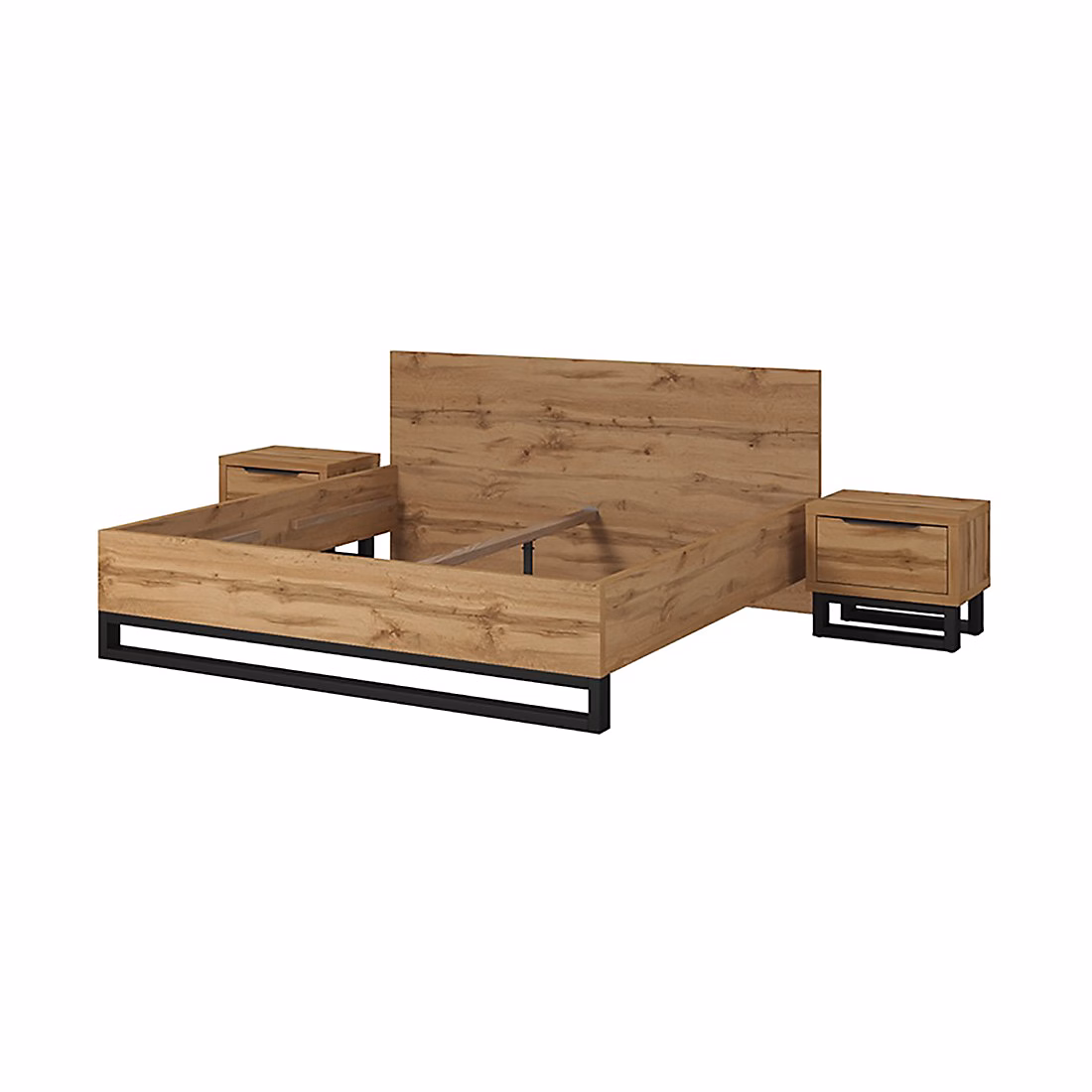 Ensemble lit 160 × 200 et deux chevets style industriel – Collection MILOS. Coloris chene brut et noir. Sommier inclus