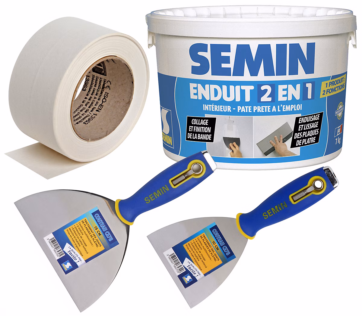 Bande Papier pour Plaques de Plâtre Semin | 23 m – Enduit 2 en 1 – Seau de 7 kg – Couteau à Enduire – 10 cm et 15 cm