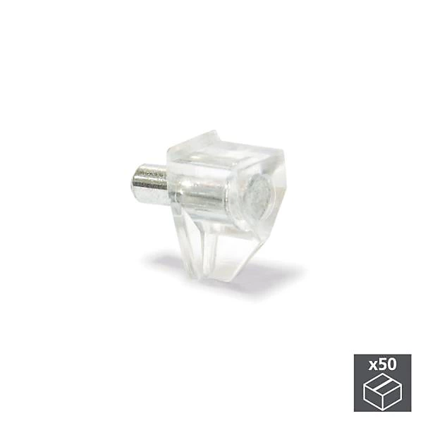 Emuca Support pour étagère en bois – avec pivot D. 5 mm, Acier et plastique, Transparent, 50 ut.