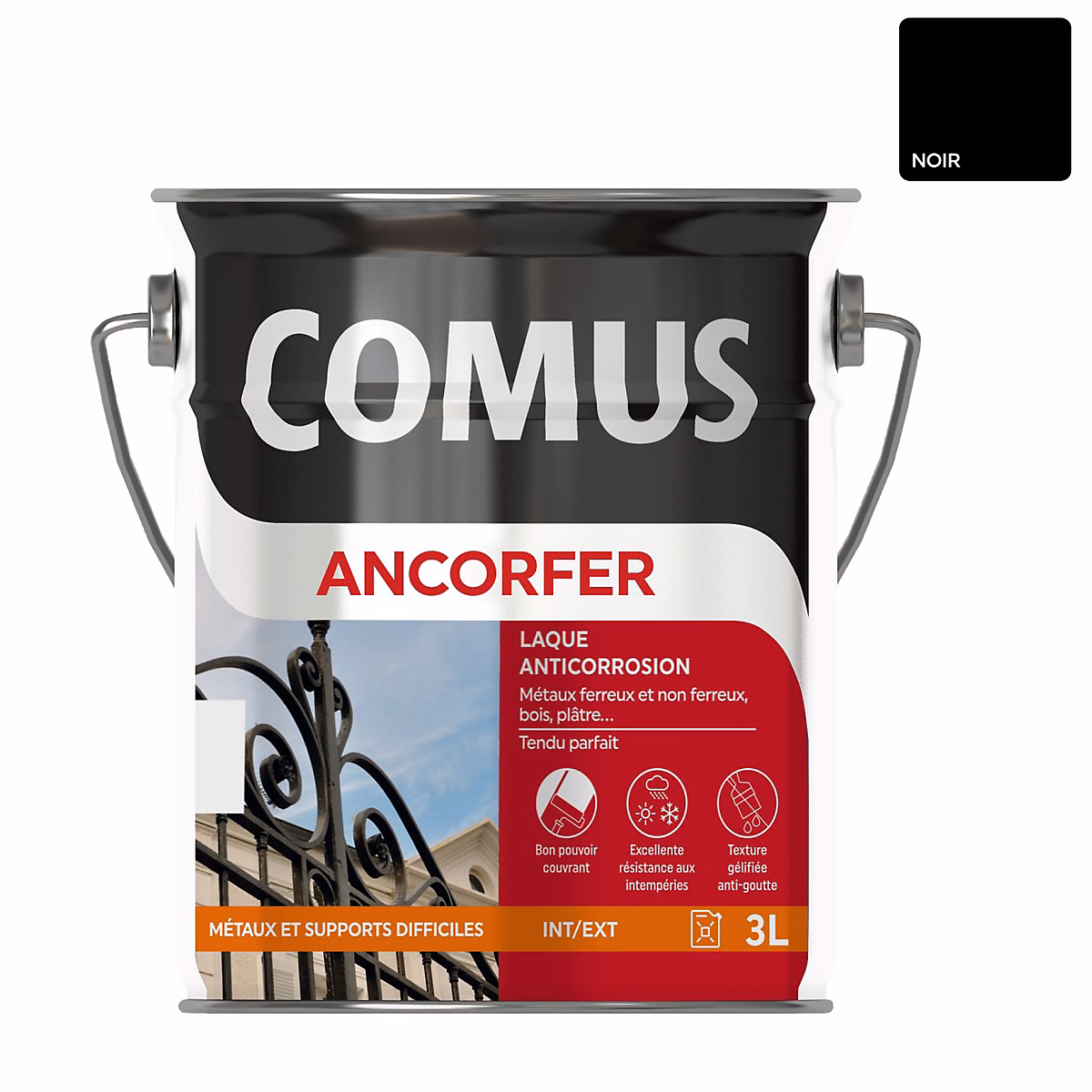 ANCORFER MAT/SOIE 3L Noir ferronnerie – Peinture-laque antirouille pour métaux et autres supports, COMUS