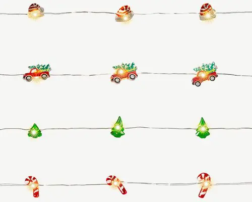 Guirlande lumineuse avec motif coloré de Noël à 20 micro-LED blanc chaud et câble argent sur piles - 1,90 m