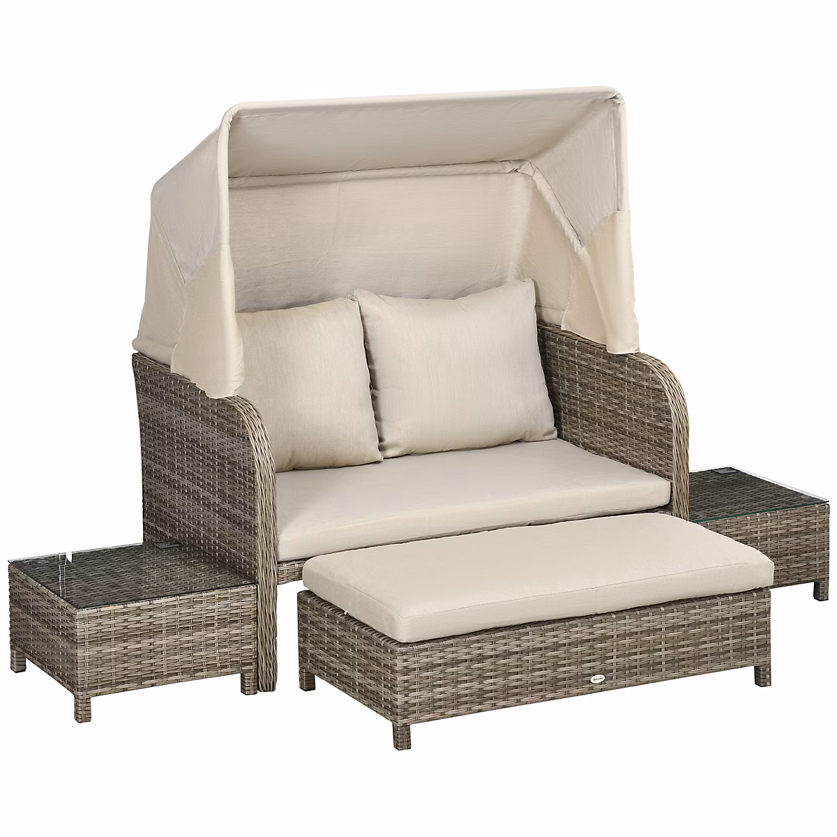 Ensemble salon de jardin 2 places 4 pcs – canapé, repose-pieds, 2 tables basses, coussins inclus, résine grise polyester kaki
