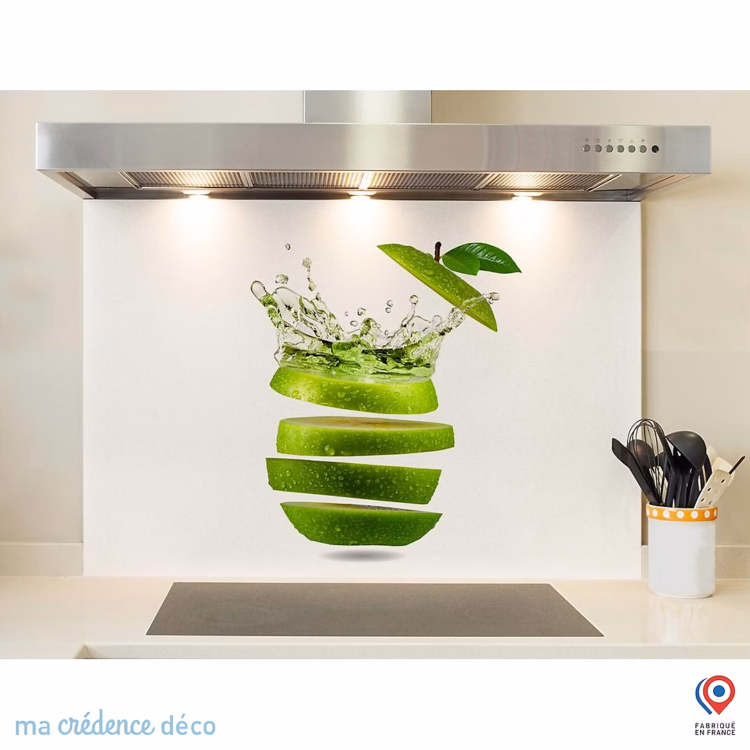 Crédence cuisine fond de hotte Pomme découpée – Verre trempé, L 90 cm x H 50 cm, MaCrédenceDéco