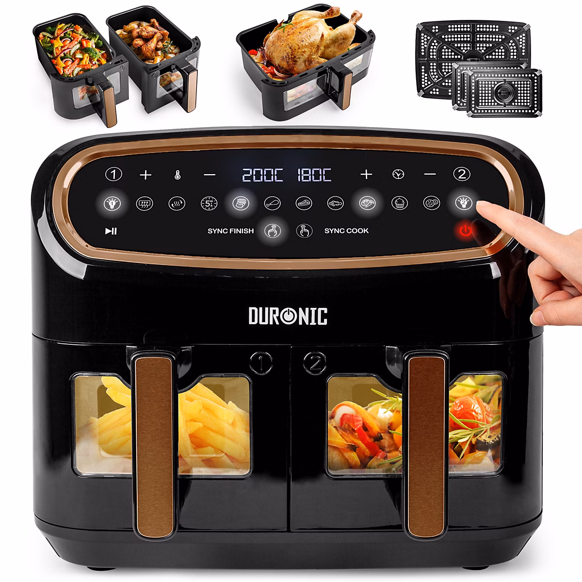 Petit électroménager – AF34 BG Friteuse à air 2400W Airfryer 3 tiroirs de 5 et 10 litres Sync Cook Sync Finish 10 modes de cuisson Sans huile Duronic