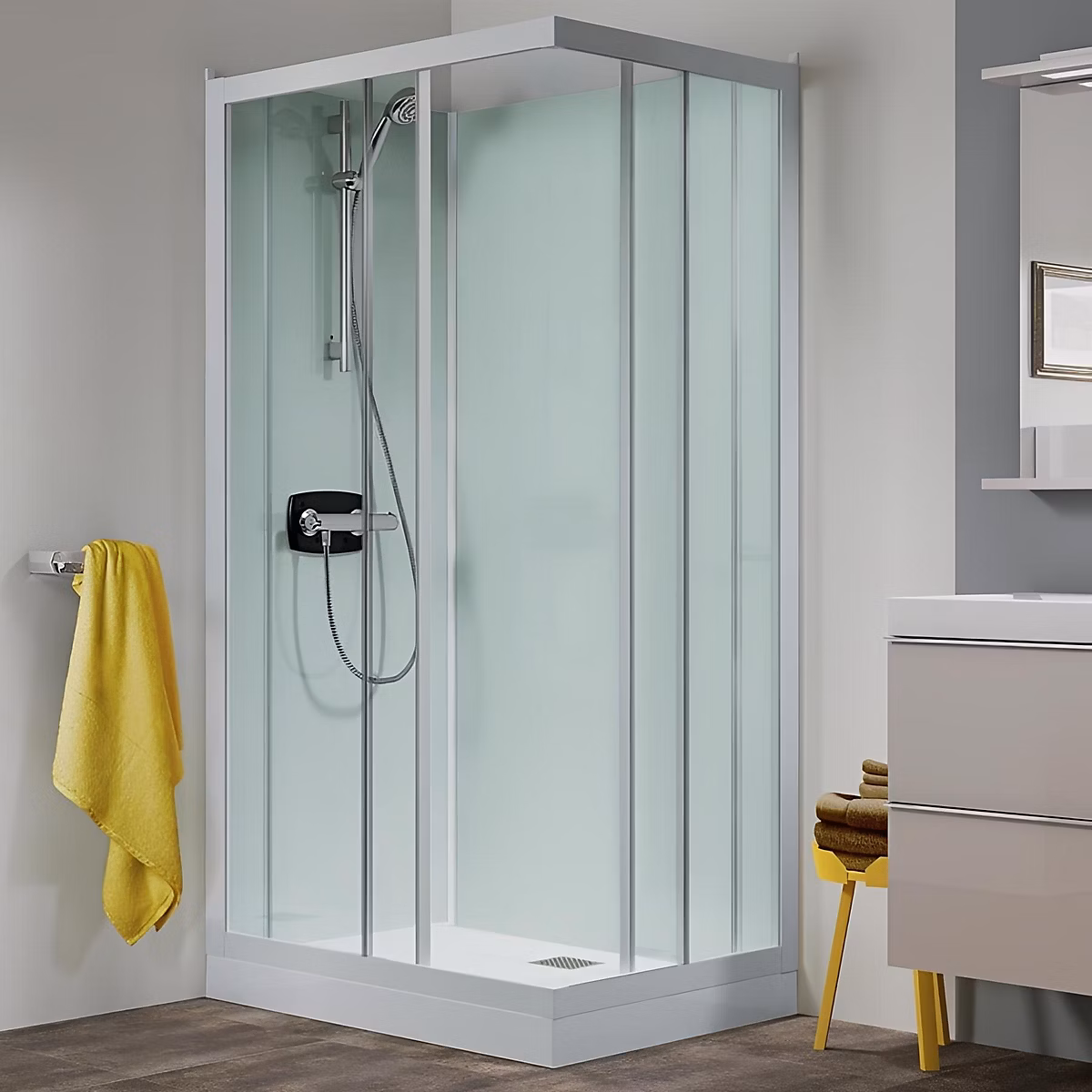 Cabine de douche d'angle KINEDO GLASS 120 × 80 hauteur receveur 9cm 2 portes coulissantes thermostatique