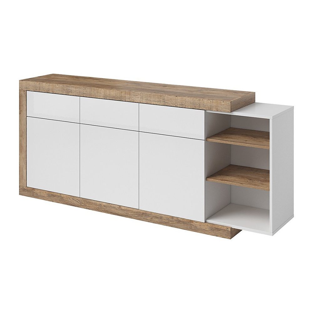 Meuble – Buffet 200cm coloris chene et blanc brillant avec nombreux rangements collection SINATRA.