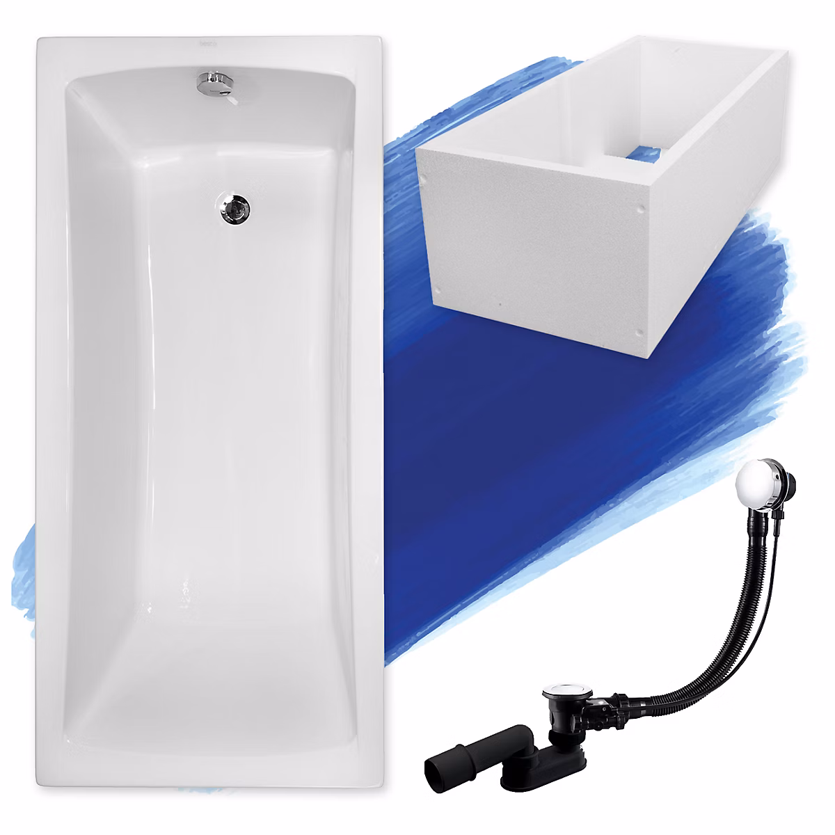 Baignoire rectangulaire 170 x 70 OPTIMA acrylique blanc + Support stabilisateur en polystyrène + Pieds + Vidage à chromé | Baignoire
