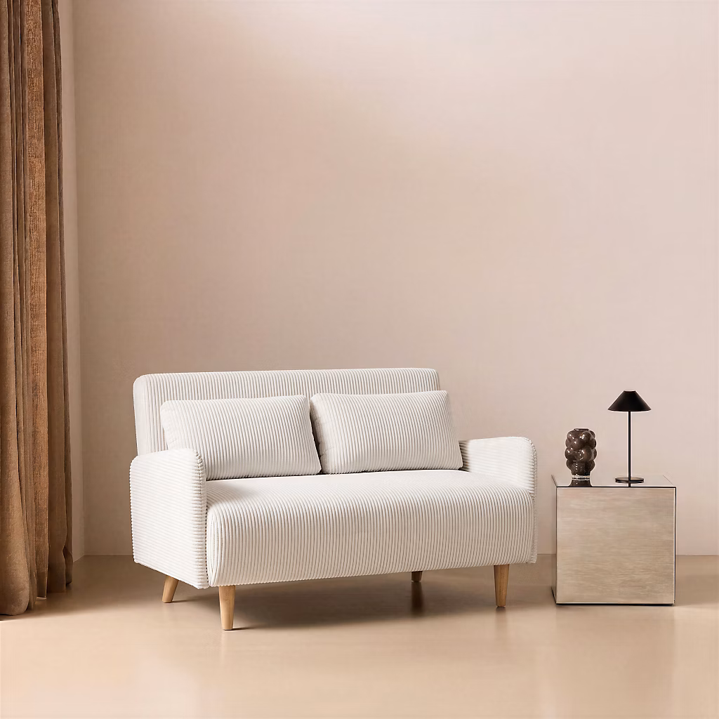 Canapé convertible en velours côtelé – Panam, 2 places scandinave. pieds bois. blanc. banquette. dossier inclinable