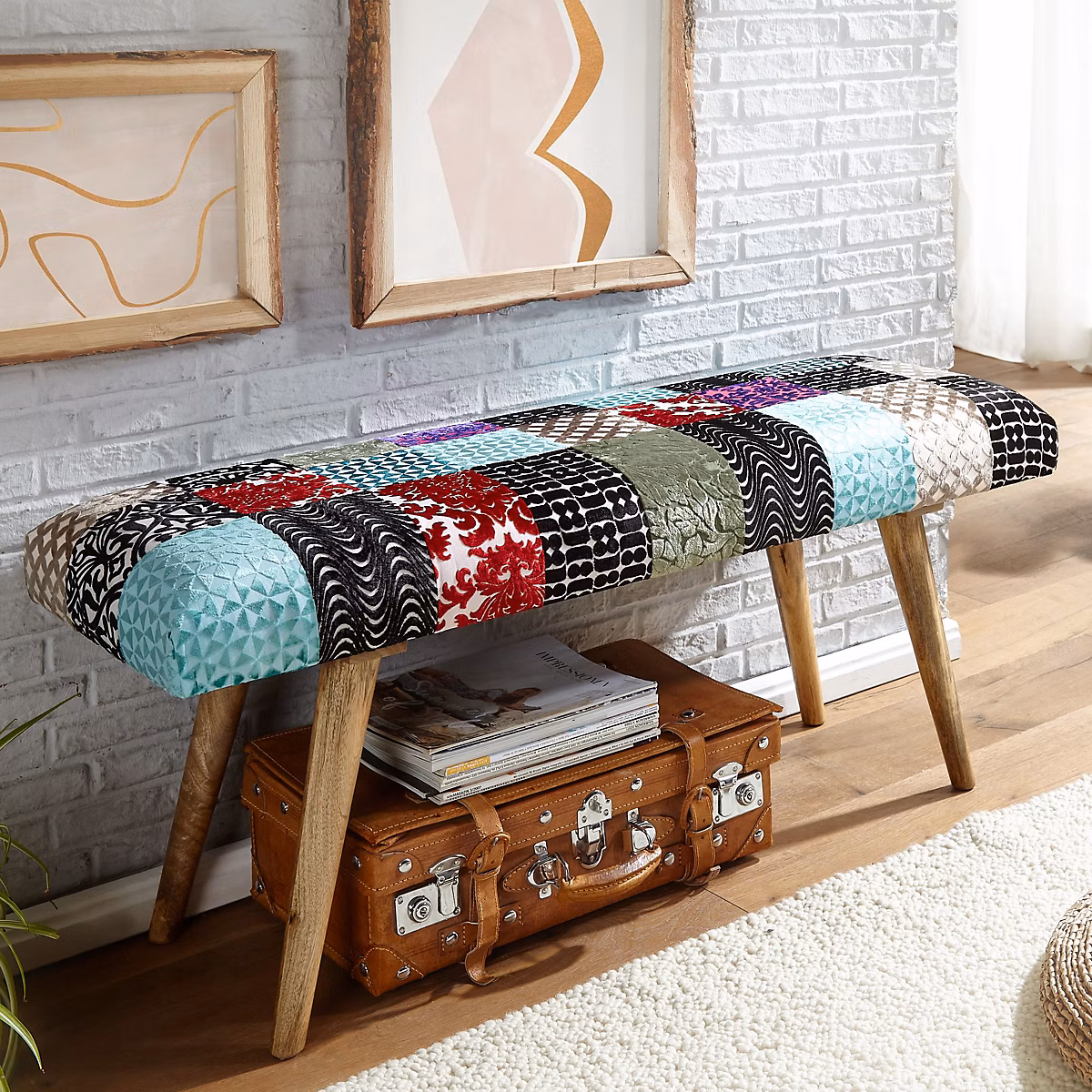 Banc Velours 105 cm Bois Massif Rembourré Banc Banquette Couloir Tissu FineBuy – Réf. OLUCFSYDO7603662491