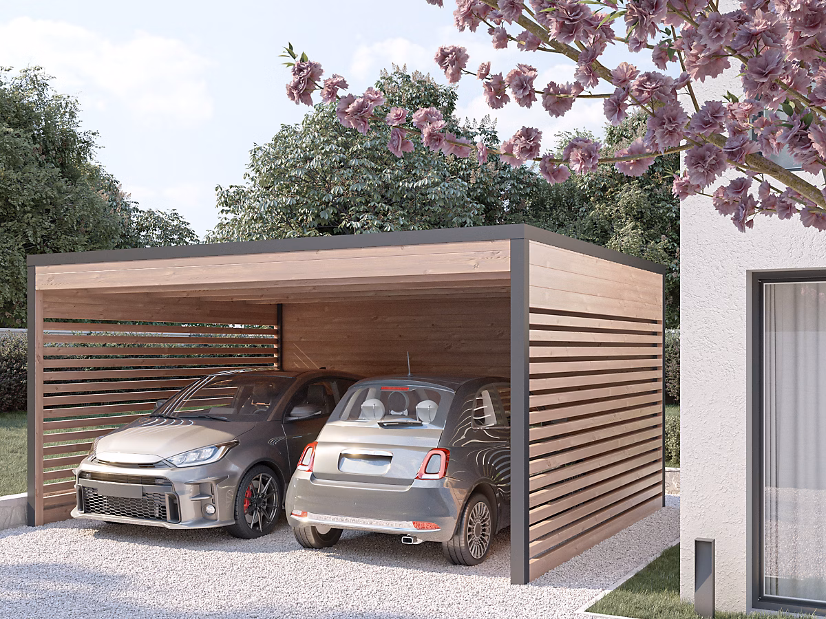 Carport bois DESIGN 20M² – Bois Douglas épaisseur 55mm, Toiture BACACIER avec voliges sous toiture