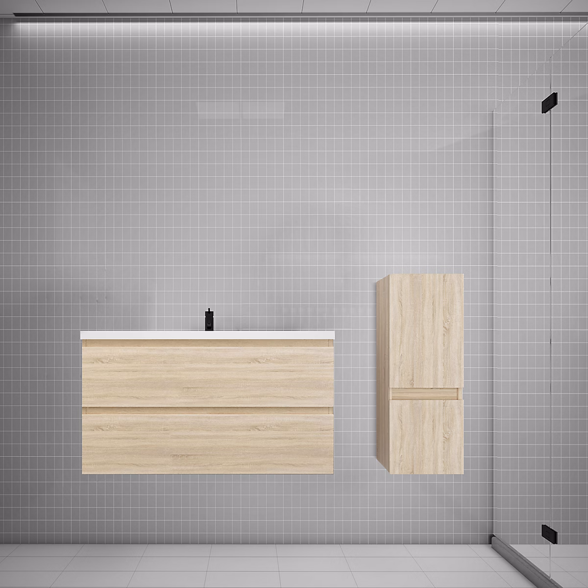 Ensemble meuble de salle de bains – Ensemble meuble vasque L.100cm chêne 2 tiroirs + colonne + lavabo