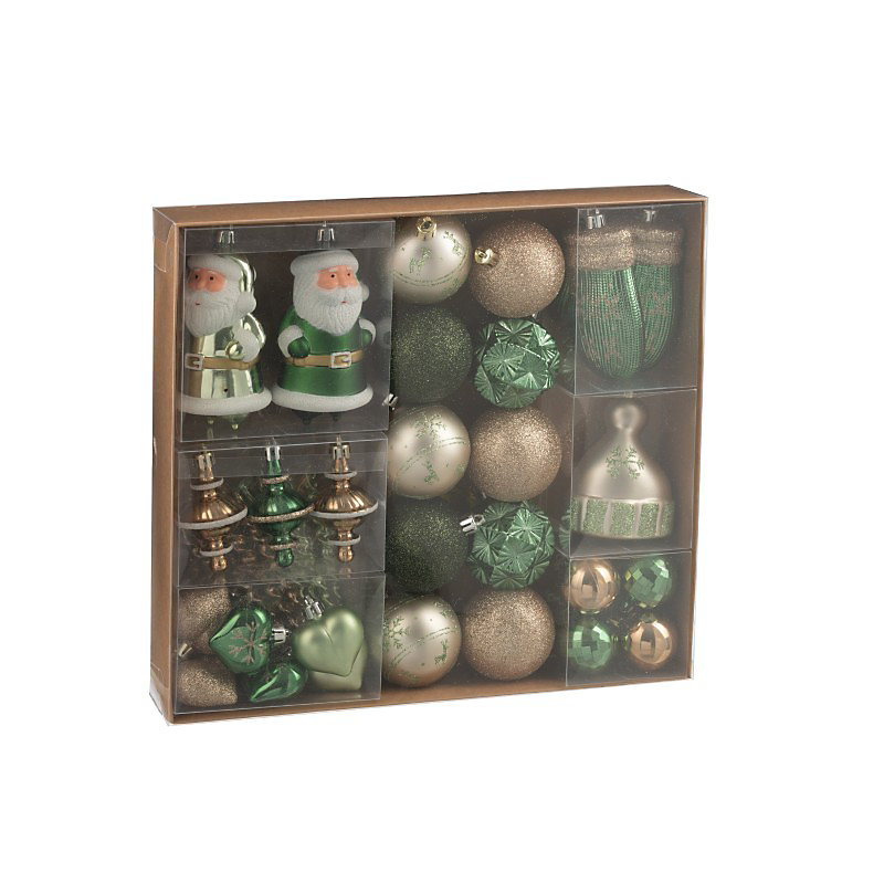 Boîte de 45 décorations de Noël en plastique vert 30 × 6 × 30 cm
