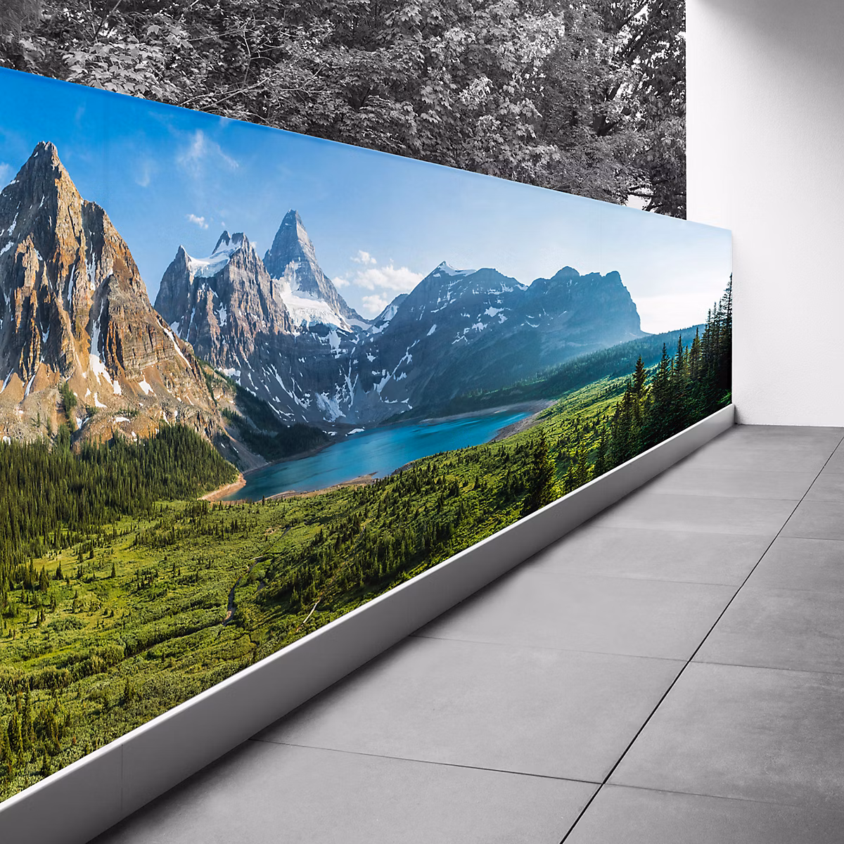 Brise vue Trompe l'oeil | 120 × 420 cm – Vue lac et montagnes 3617689694177