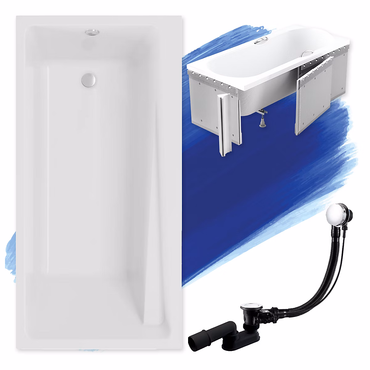 Baignoire rectangulaire 170 x 75 ELZA acrylique blanc + Habillage en polystyrène + Pieds + Vidage à chromé | Baignoire