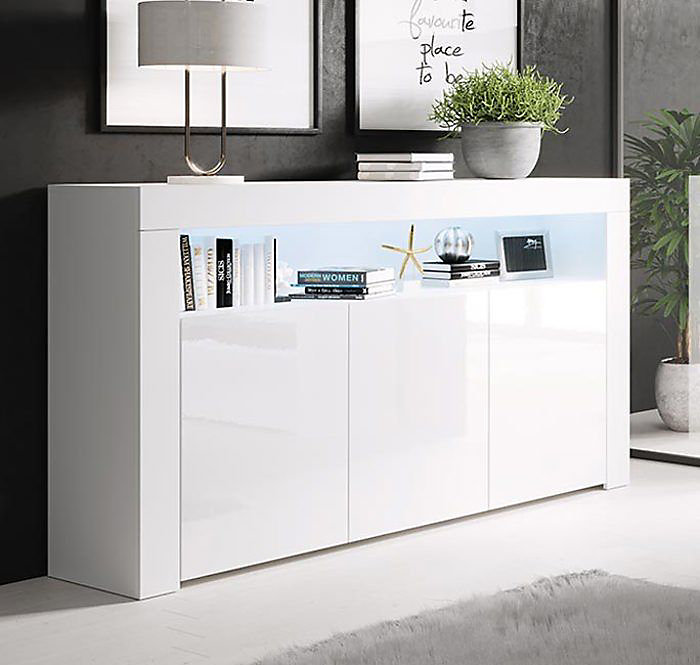 Buffet bas contemporain – 3 portes, LED bleu, Blanc, Mélamine, 155 × 91 × 37 cm
