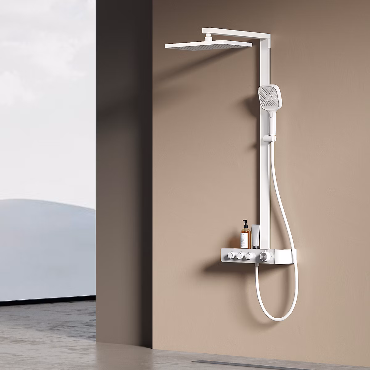 EMKE Colonne de Douche Thermostat – Pommeau Pluie 36 × 24 cm, Douchette 3 Jets, Blanc