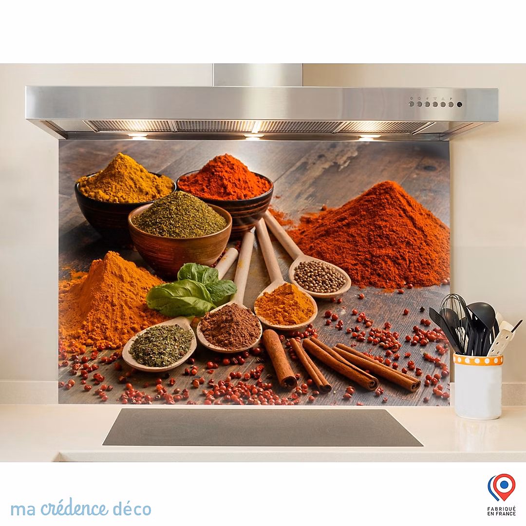Crédence cuisine fond de hotte Epices colorées – Verre trempé, L 90 cm x H 60 cm, MaCrédenceDéco