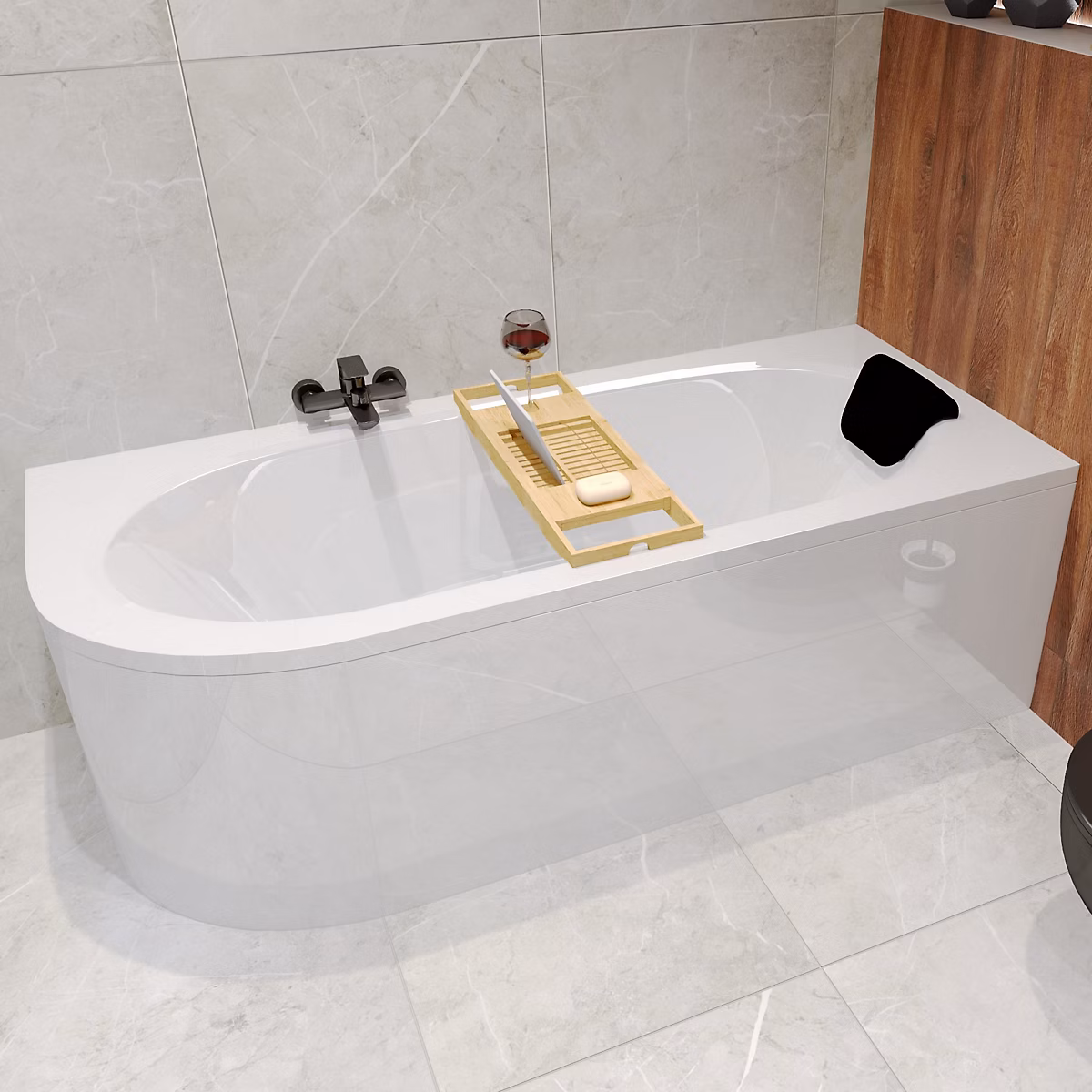 Baignoire asymétrique 170x75 Droite AVITA acrylique blanc – sans Habillage + Repose Tête + Étagère bambou + Pieds + Vidage à chromé