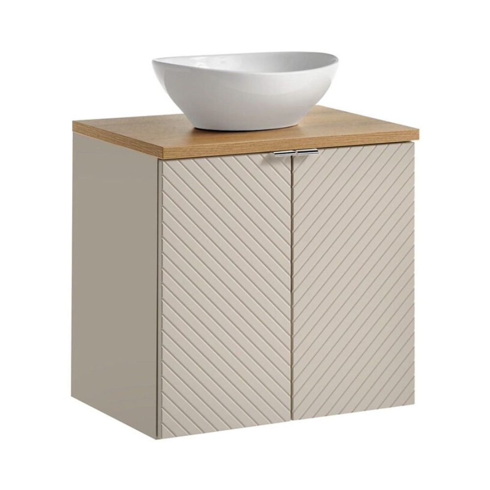 Ensemble AOKI : meuble sous vasque à placards 60cm et plan vasque chene et vasque blanche ronde à poser – Réf. LBLFJDASJ2996117138