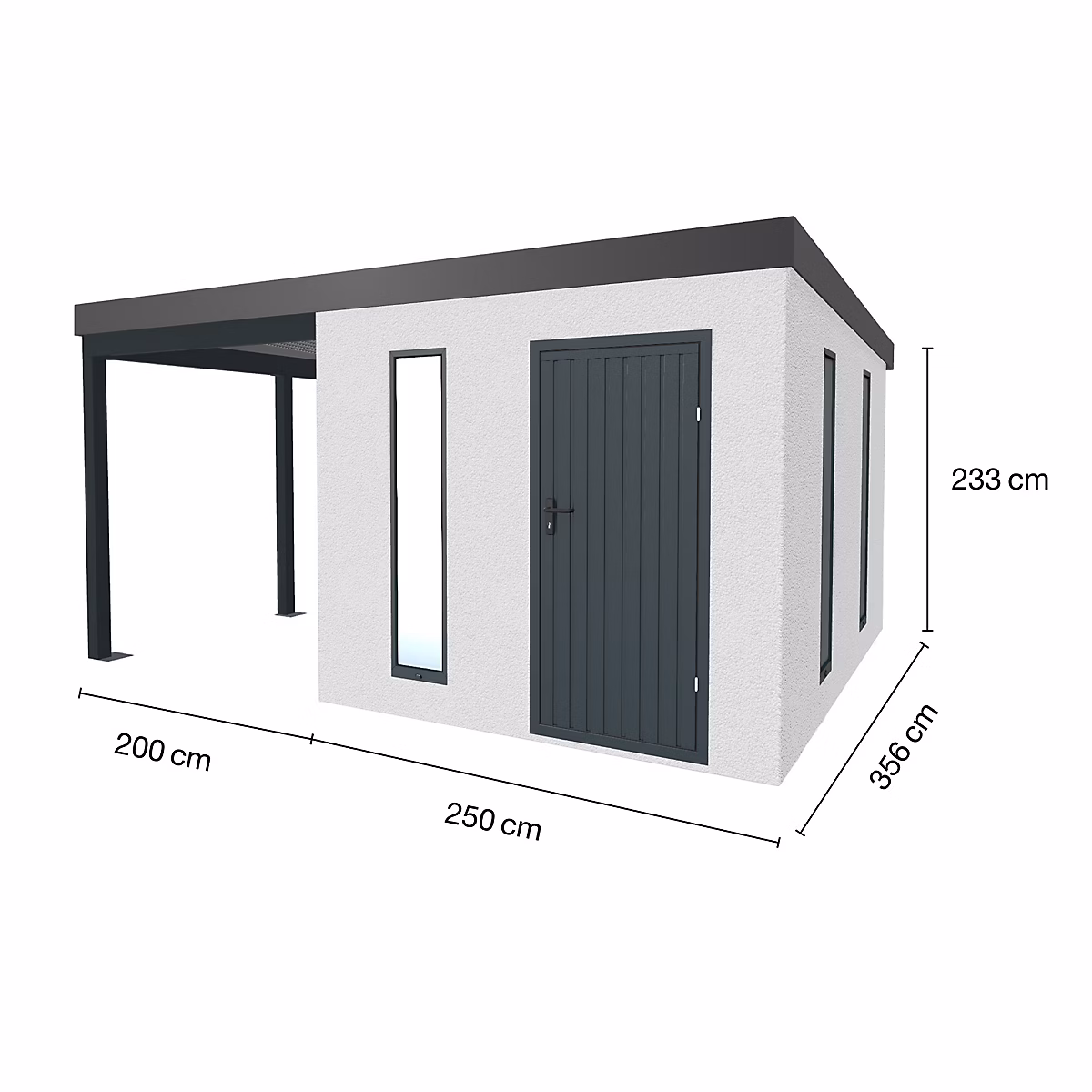 Abri de jardin en métal finition crépi 2500 × 3560 mm blanc avec auvent à gauche 2000 × 3560 mm anthracite