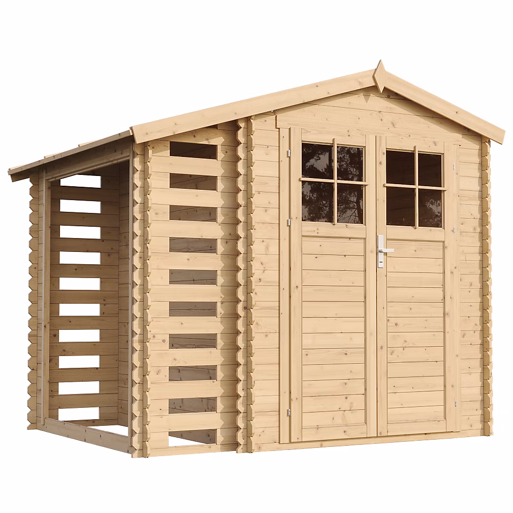 Abri de jardin en bois et range bûches extérieur – 3, 53 + 0,97 m2, M386F, Timbela