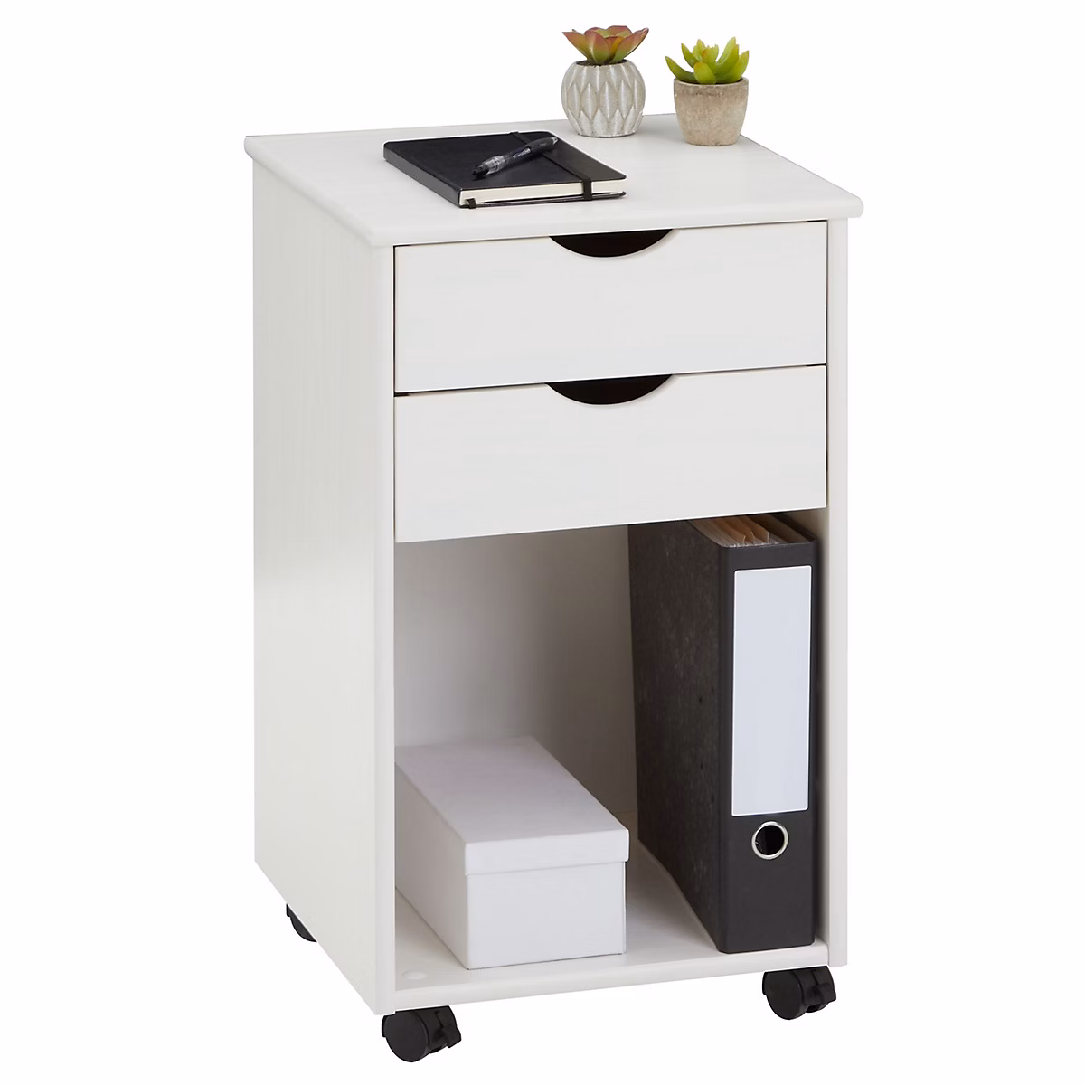 Caisson de bureau sur roulettes KANO – avec 2 tiroirs, en pin massif lasuré blanc