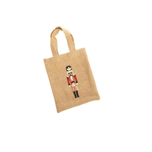 Petit sac en jute décor casse-noisette beige et rouge - 20 x 24 cm