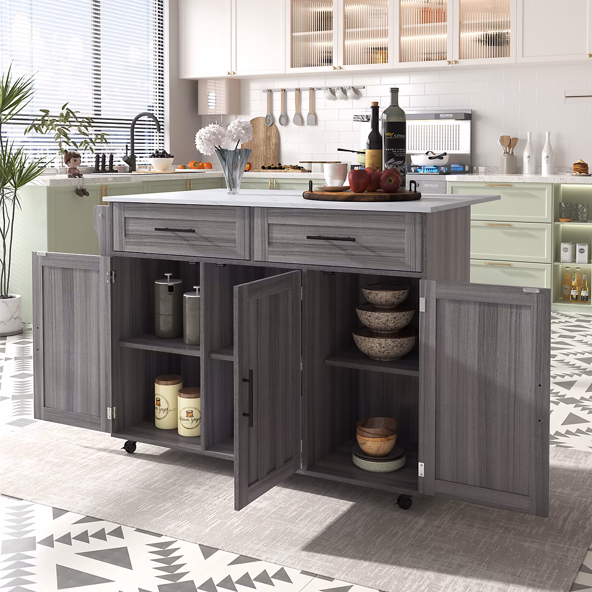 Îlot de Cuisine Îlot de Cuisine Mobile avec Table Pliante et 2 Tiroirs – desserte à Roulettes, Gris, 120 × 46-68 × 91,5 cm