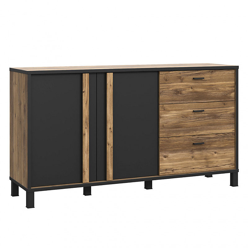 Buffet 155 cm 2 portes 3 tiroirs décor bois noir pieds noir – CELIA