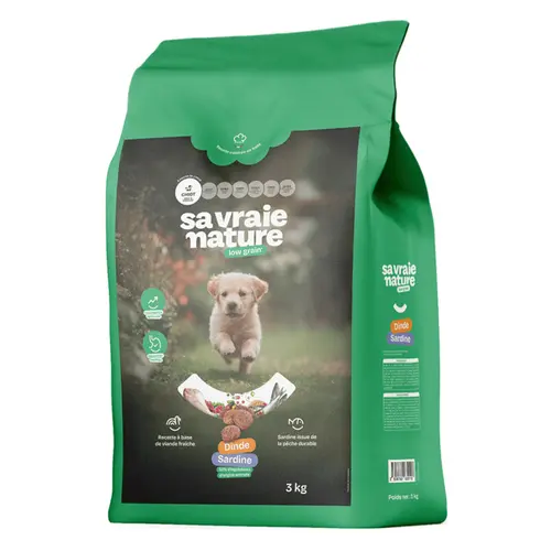Croquettes chiot mini-medium dinde & sardine réduites en céréales Sa Vraie Nature - 3 kg