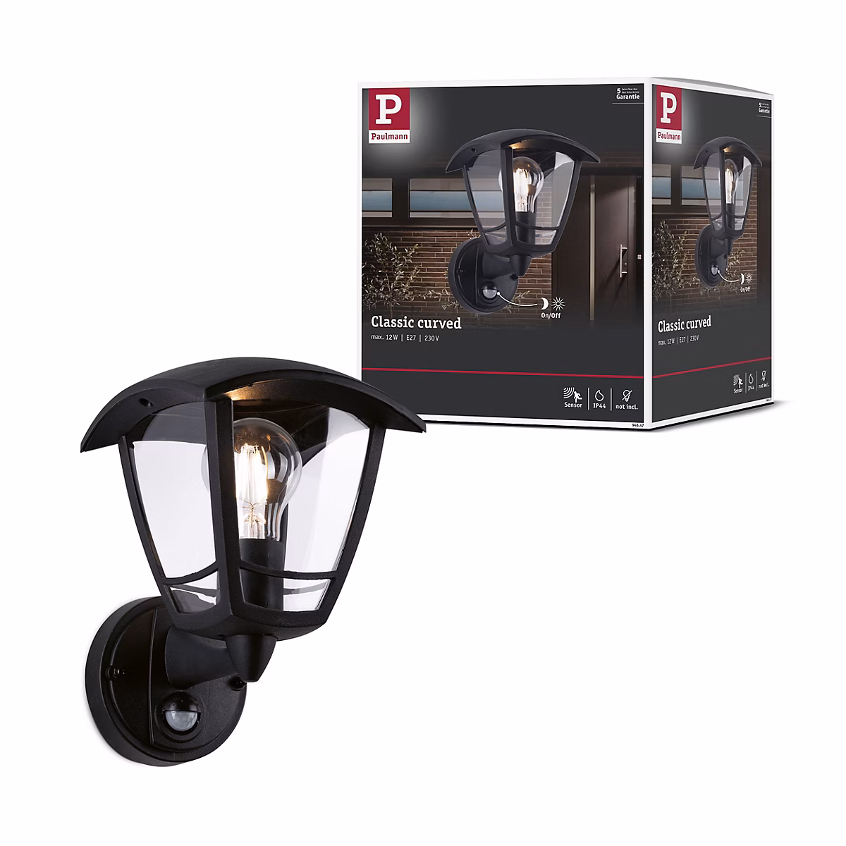 Applique d'extérieur Classic Curved Détecteur de mouvement crépusculaire (IR) IP44 carré 164 × 230 mm max. 12W 230V Noir Matière pla