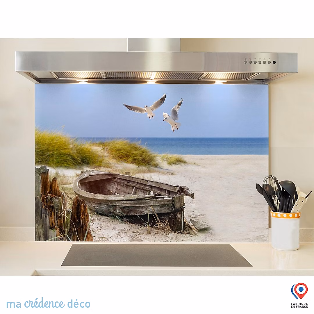 Crédence cuisine fond de hotte Dunes et mouettes – Verre trempé, L 60 cm x H 45 cm, MaCrédenceDéco