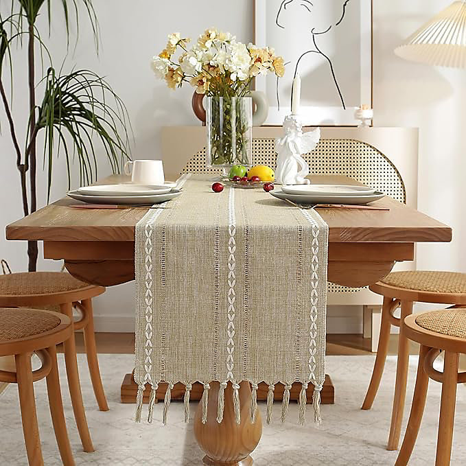 Chemin de Table Bohème Coton et Lin 33 × 180 cm Jaune Amande
