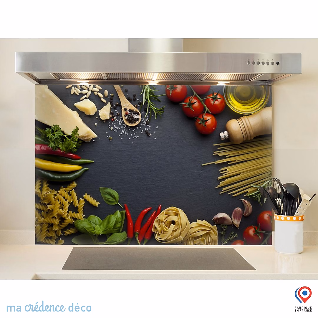 Crédence cuisine fond de hotte Aliments sur ardoise – Verre trempé, L 90 cm x H 50 cm, MaCrédenceDéco