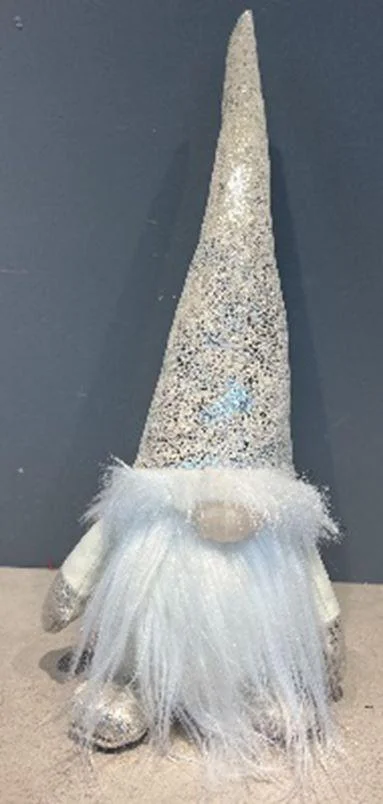 Gnome assis en tissu avec bonnet givré scintillant et chaussons dorés - 15 x 11 x 36 cm
