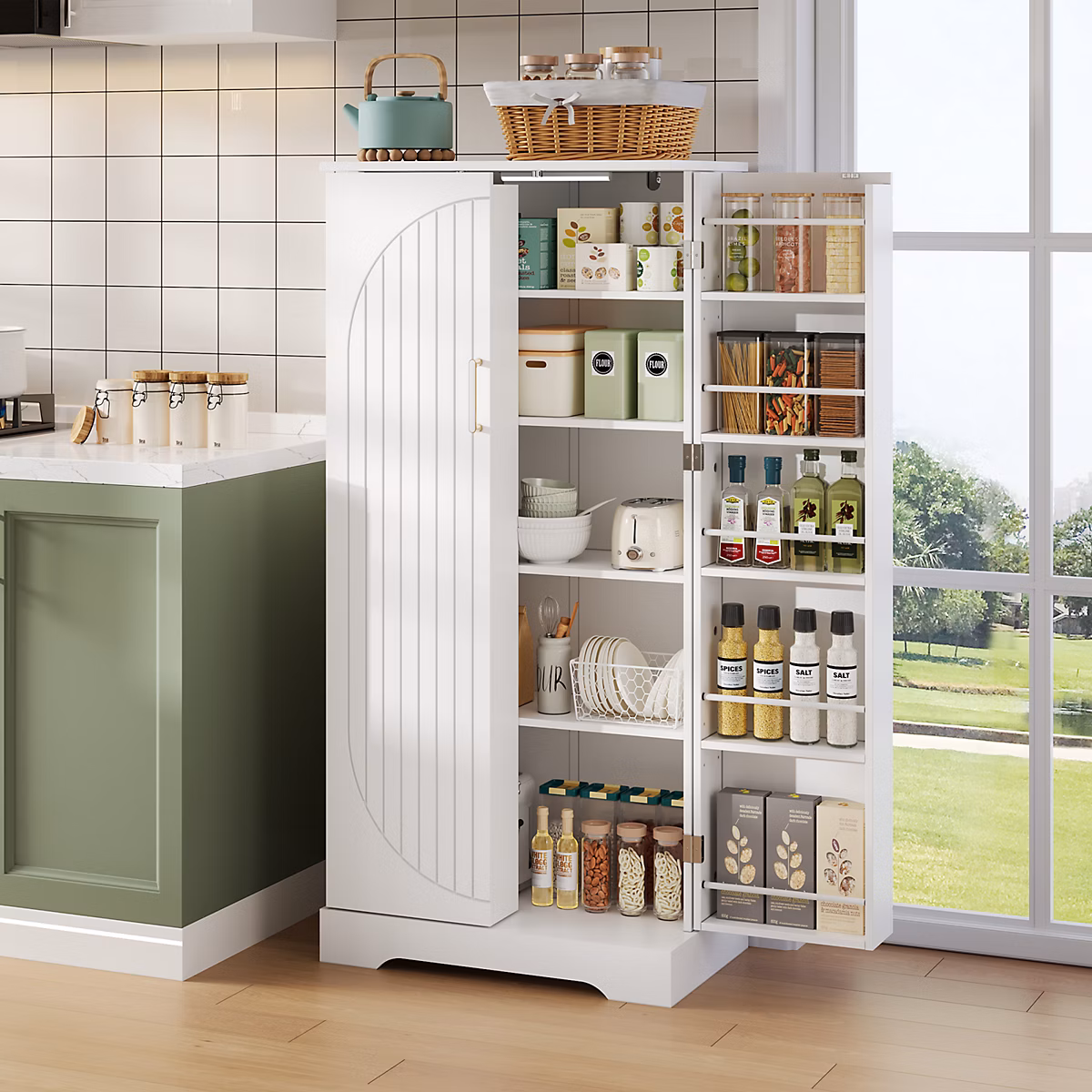 Buffet multifonction blanc avec LED à capteur – étagères réglables, anti, basculement, pratique pour cuisine et salle à manger